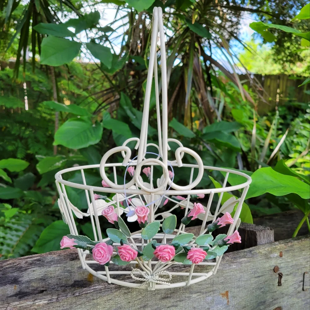 Metal Rose Floral Basket Storage Farmhouse